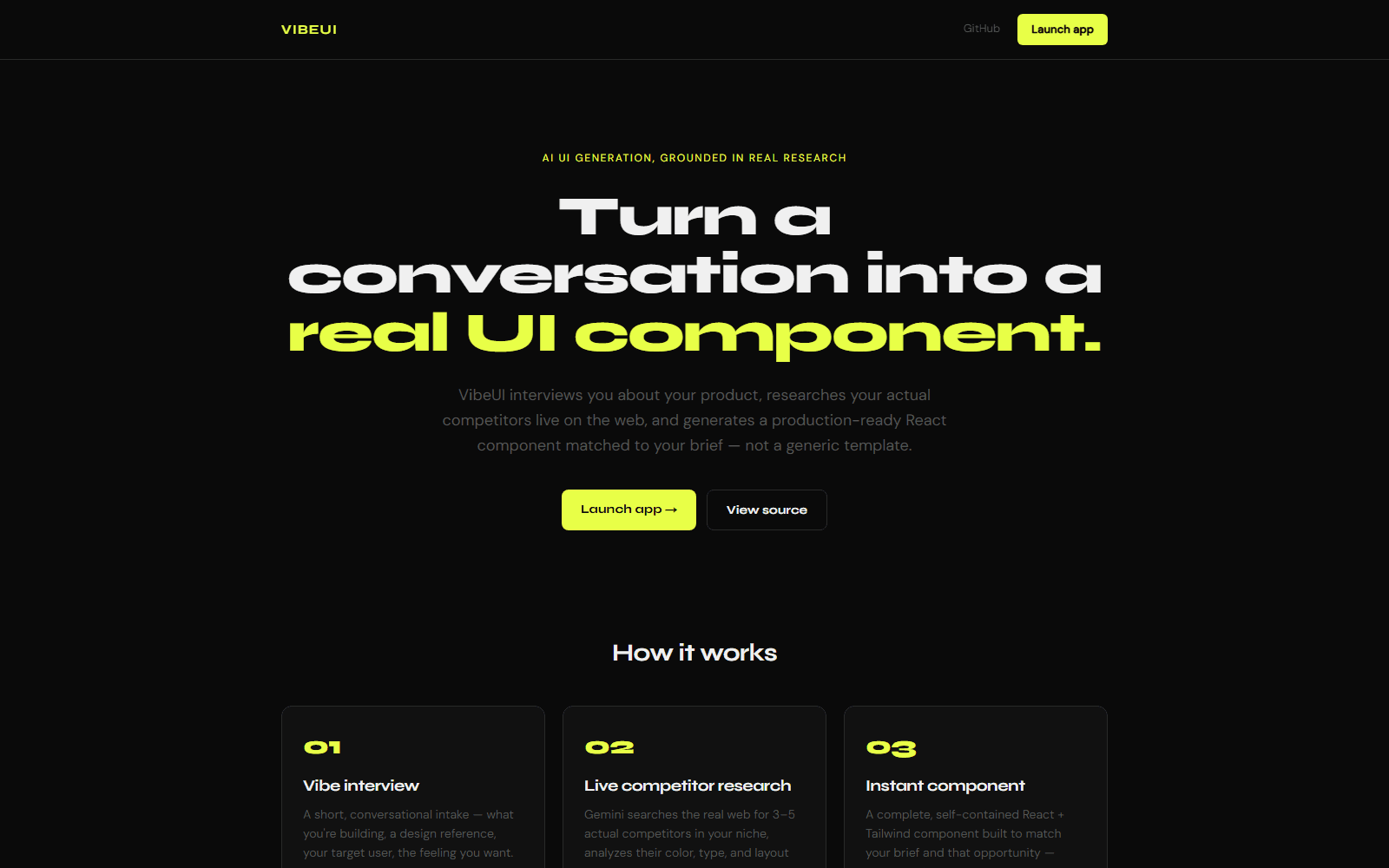 VibeUI landing page: 'Turn a conversation into a real UI component'